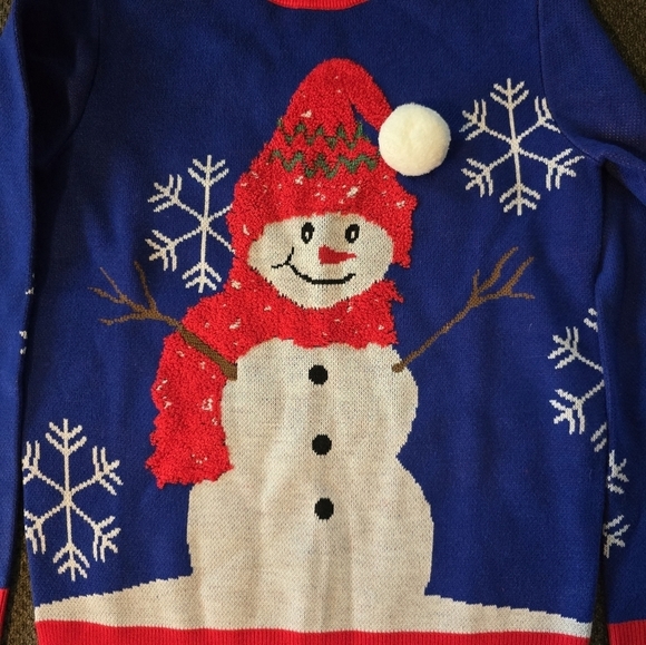 Christmas Ugly Sweater Women Small Blue Red Snowman Flakes Embellished Holiday - Picture 5 of 11